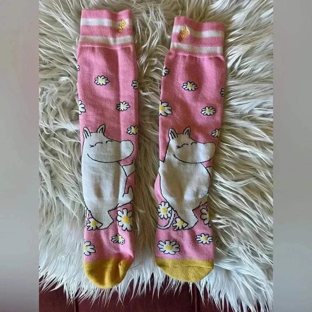 Moomin Pink Daisy Socks, Striped Design, Size L/XL, Cute & Comfy